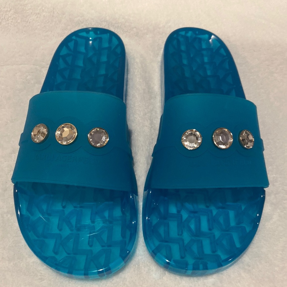 Karl Lagerfeld Vibrant Blue Gem-Embellished Slippers